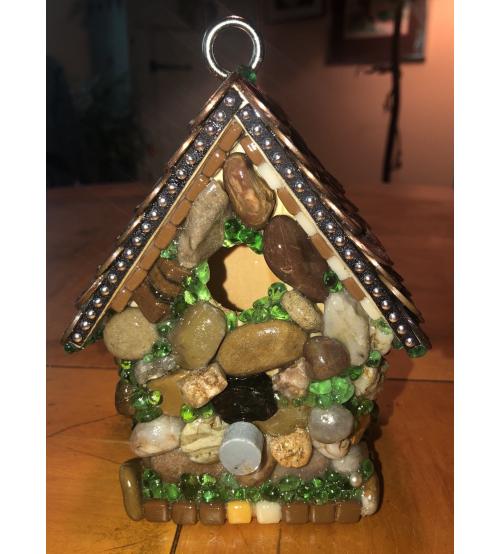 Birdhouse done with stone and green glass moss And Penny roof