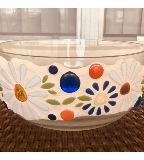 Etched glass bowl with mosaic