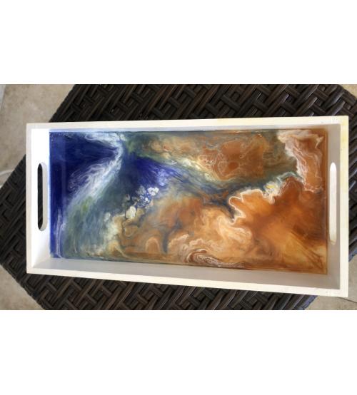 Wood serving tray 6 1/2 x 13 x 1 1/2 epoxy resin ocean scene wood painted white
